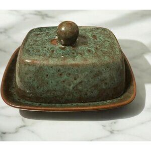 Vintage Style Home Essentials Porcelain Butter Dish With Lid Brown & Green Glaz